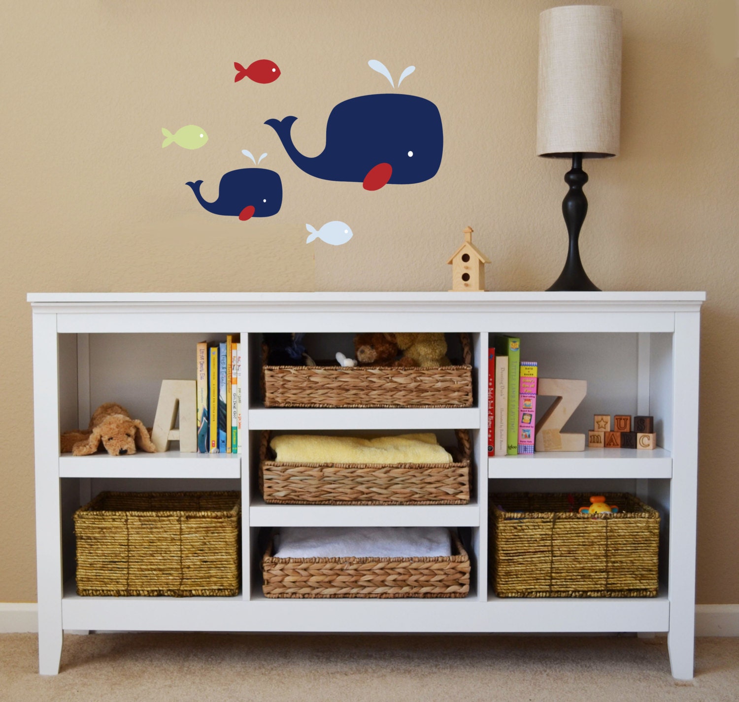 Whale, Children's Wall Decal, Vinyl Repositional Decal, Whale Decor-Set of five