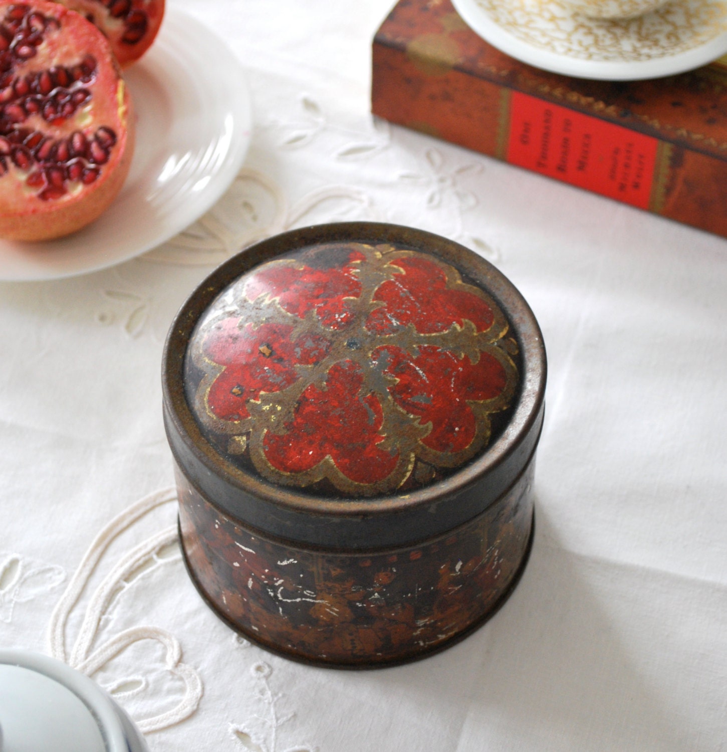 Red and yellow Victorian antique tin box. English Vintage home decor.