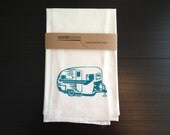 Happy Camper Kitchen Towel  -  Flour Sack Tea Towel - Hand Screen Printed Dish Cloth