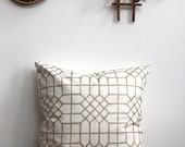 Penn Grid hand printed in metallic champagne on white organic cotton-hemp pillow cover 20x20