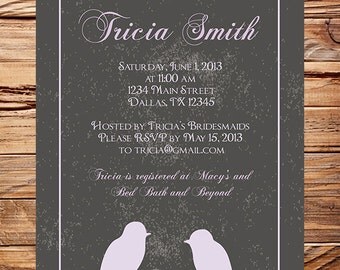 Love Birds Bridal or Wedding shower Invitation, Bridal Shower Invitation, Yellow, Gray, Lavender (6045)