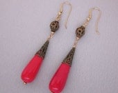 Repurposed Red Glass Drop Earrings, Boho Earrings, Vintage Gold Filigree Dangle Earrings, Assemblage Handmade OOAK Jewelry - JryenDesigns