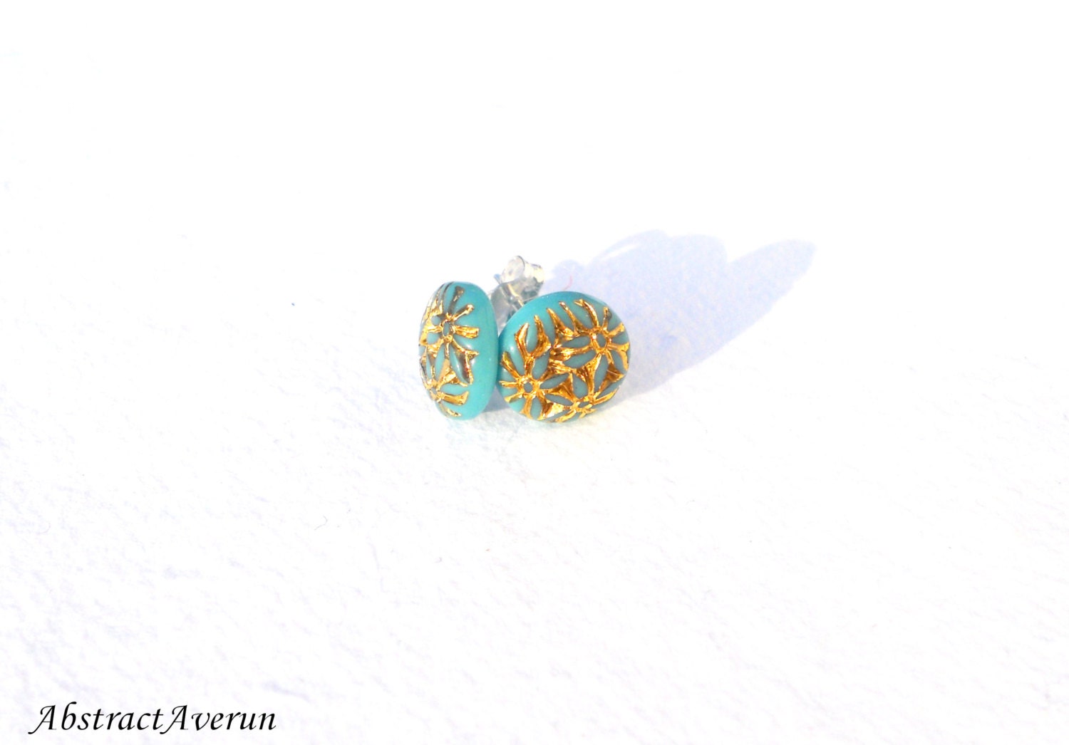 Vintage Post, Stud Earrings - Vintage, Turquoise, Gold Etched Glass Flower Cabochons - Sterling Silver, Bridesmaids Gift Stud Earrings