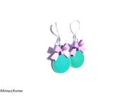 Teal Drop Earrings - Lavender Bow Earrings - Metal, Epoxy, Teal Teardrops and Lavender Bow Earrings