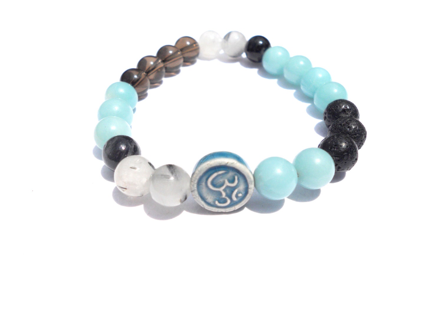 Meditation Bracelet - Ohm, Amazonite, Smokey Quartz, Gemstone - Genuine Healing Crystal Jewelry, Yoga Bracelet