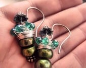 Olive Green Pearl Cluster Wrap Earrings