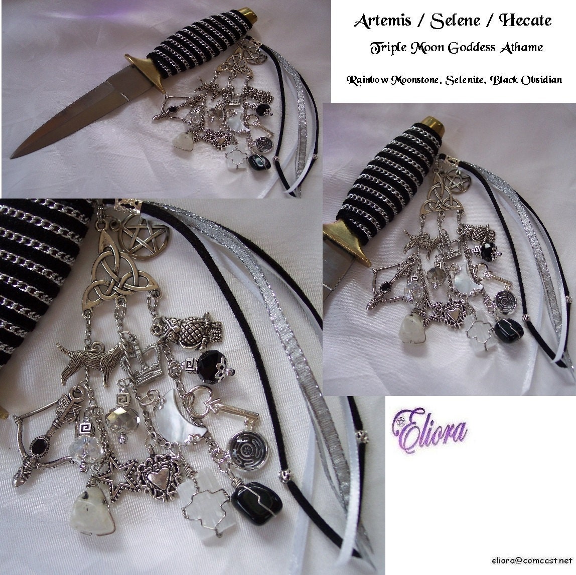 Triple Moon Goddess -  Athame, Artemis, Selene, Hecate - Moonstone, Selenite,  Black Obsidian  -  S&H Included