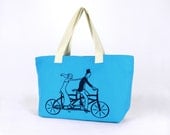 Teal Cotton Canvas Tote - "Tandem " Design In Navy