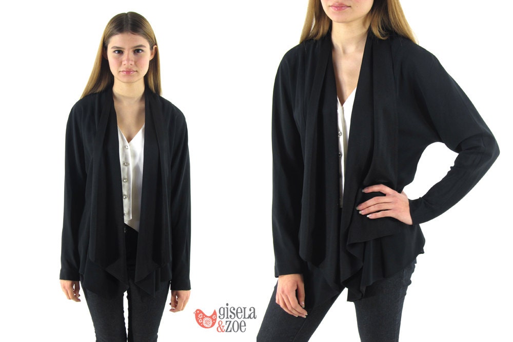 Draped Cardigan / 80s Black & White Draped Cardigan Top / Tuxedo Top / xs / sm / md