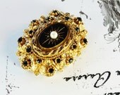 Vintage Rhinestone Brooch / Pin, Black Crystals, Glass Enamel Starburst, Pearl, Ornate Gold Floral, Designer SPHINX, 1950s Mad Men Jewelry