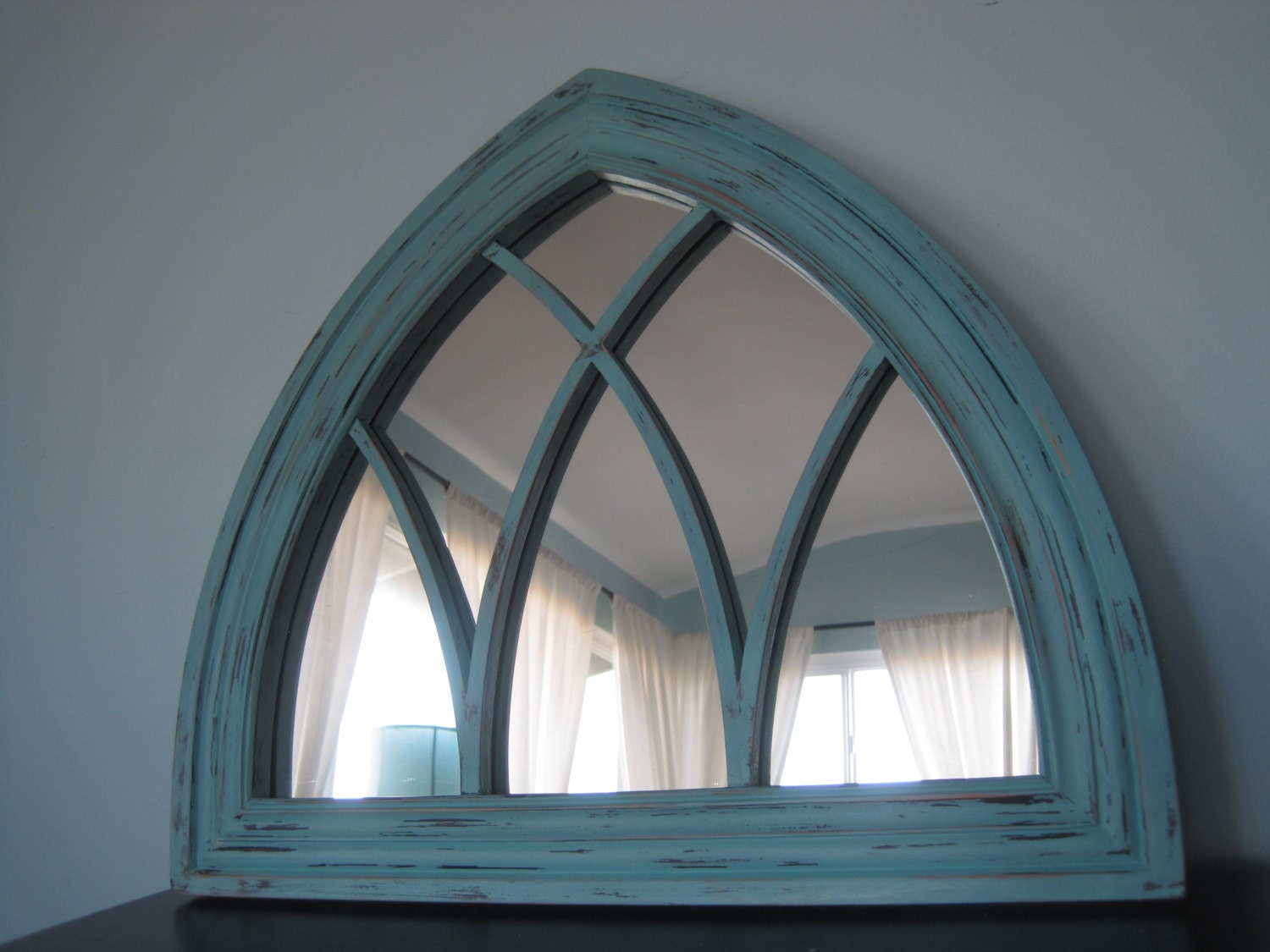 Amazing Gothic Arched Solid Wood Mirror in Icy Dark Minty Blue Cathedral Window Mirror Rustic Distressed - SpinYourDream