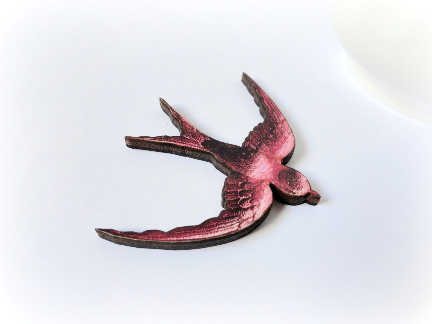 Pink swallow Wood Brooch  pastel blush powder old bird illustration white black wings Gift for her Woodland jewelry Valentine idea