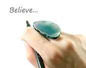 Big ring - large agate ring sterling silver ring adjustable druzy crystal jewelry by NatureLook teal