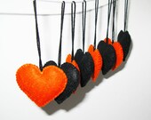 Set of 8 Felt Hearts - Orange Black - Handmade felt heart ornaments - Halloween Holiday Monster party Birthday decoration - Home decors