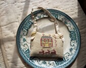 Primitive Cross Stitch Saltbox and Bunnies Hanging Pillow Sachet Shelf Tuck Pinkeep