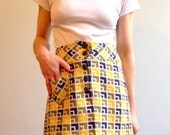 60s Mod front button navy yellow brocade mini wrap skirt XS