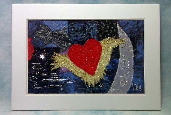 Winged Heart with Moon and Stars Sewn Layered Matted Print