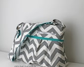 Stella DELUXE Chevron Diaper Bag Set Medium - Gray Chevron with Teal- Zipper Closure Zipper Cell Phone Pocket