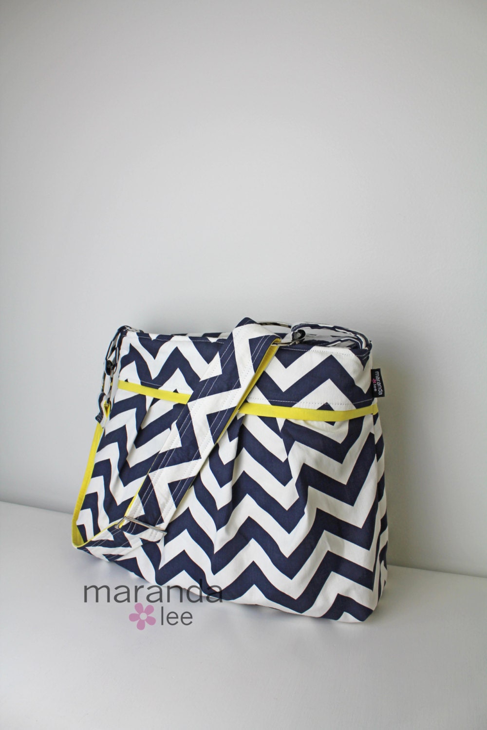 Stella Chevron Diaper Bag Large in Navy Chevron and Yellow - Adjustable Strap Elastic Pockets Attaches to Stroller