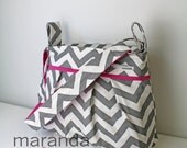 Stella DELUXE Chevron Diaper Bag Large - Grey Chevron with Hot Pink - Zipper Closure Zipper Cell Pocket Elastic Pockets Attaches to Stroller