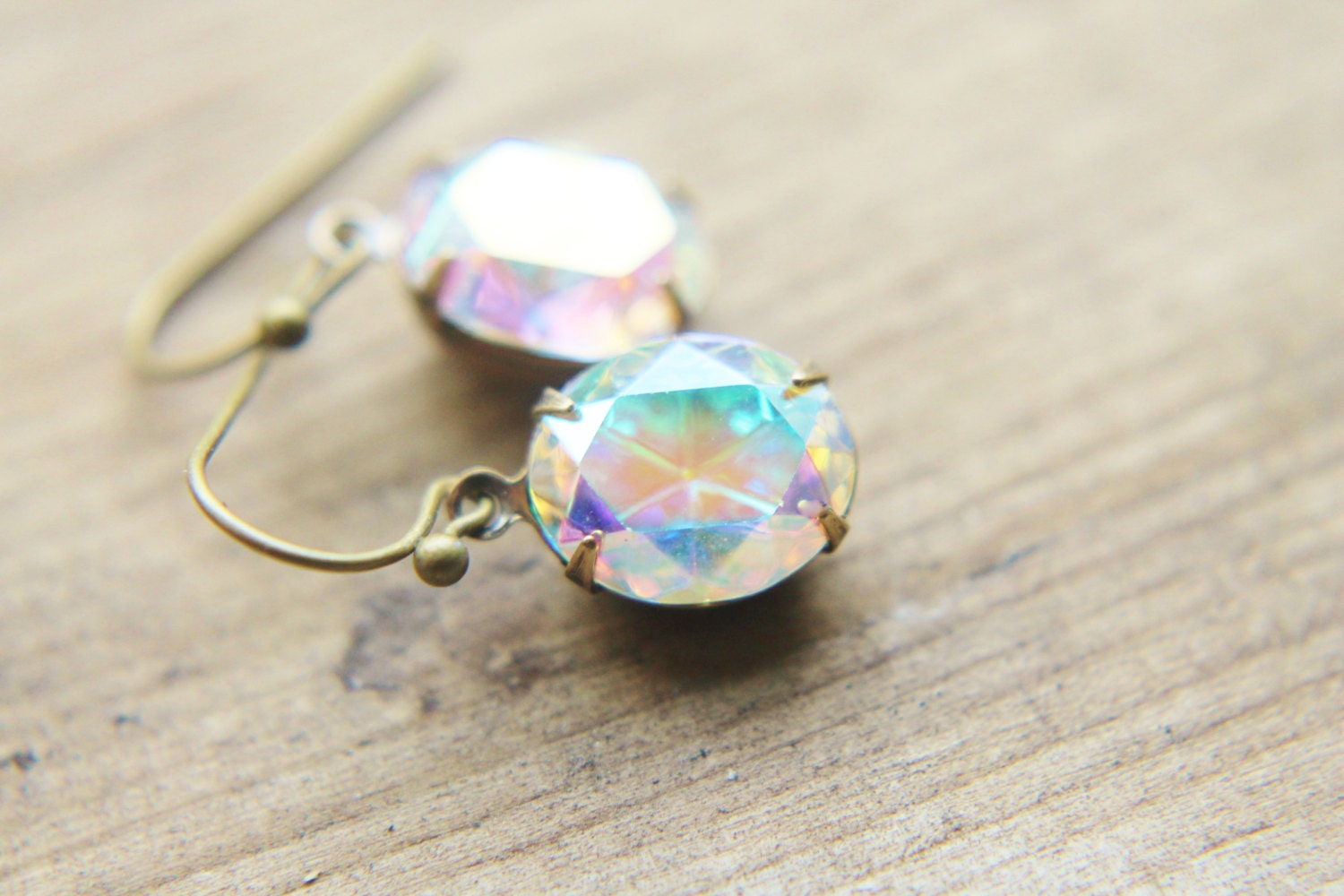 Small White Earrings - Round Rainbow Teal Swarovski Crystal Rhinestone Handmade Estate Bridal Jewelry Gifts for Her.