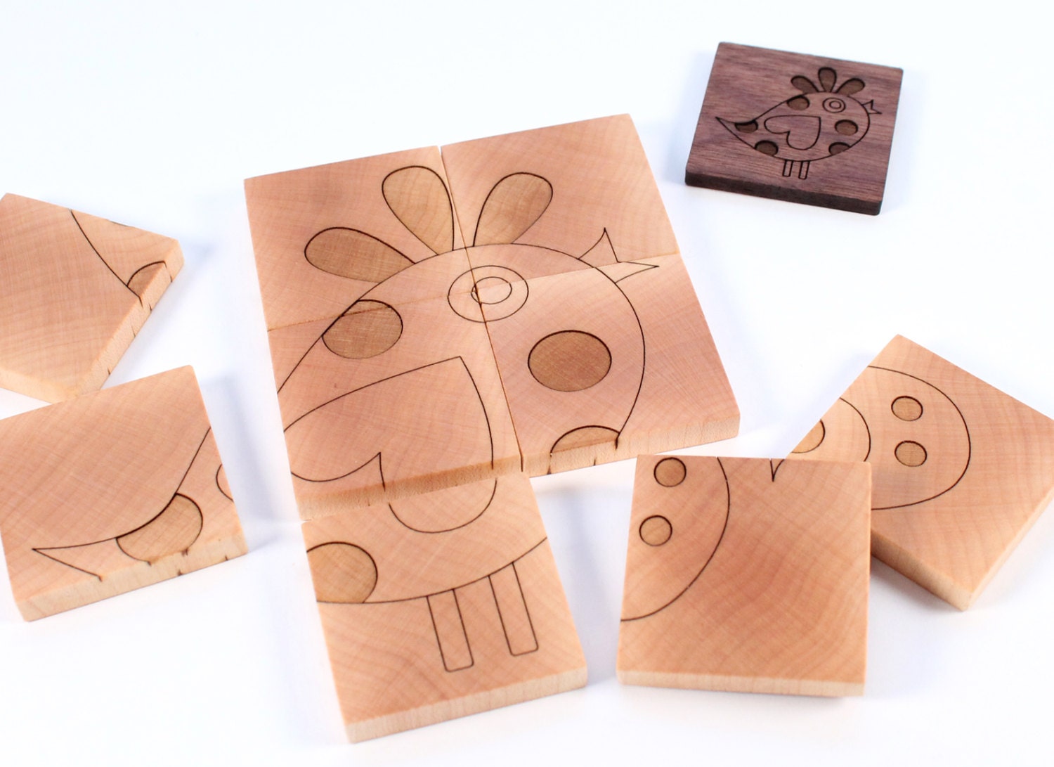 two-sided wooden PUZZLE - bird and butterfly - a natural wood learning toy for toddler and preschooler, homegrown organic finish