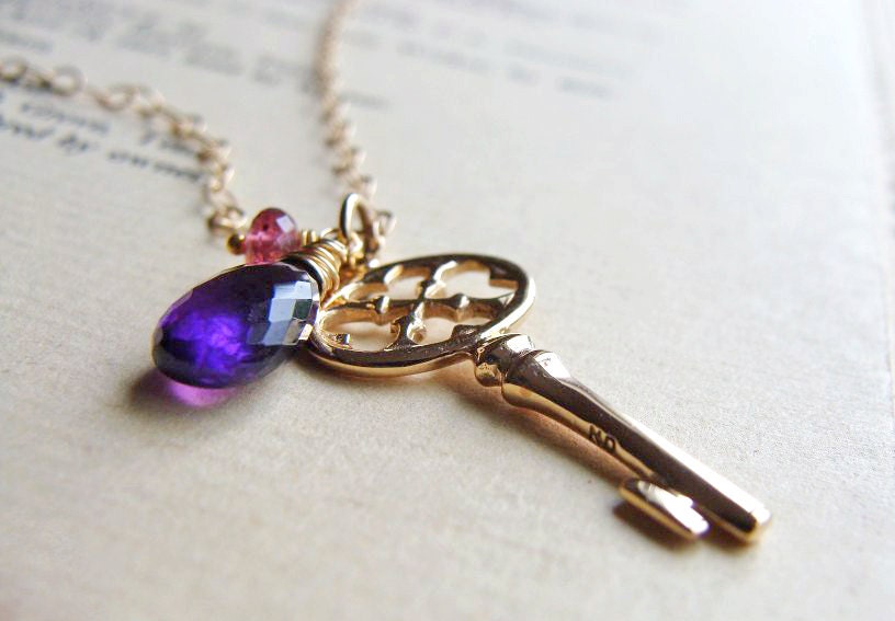 Key Necklace Purple Amethyst Rhodolite Garnet Gemstone Gold Tone Bronze February Birthstone 14k Gold Filled HIDDEN AWAY necklace