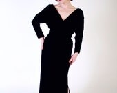 1960s Vintage Two Piece Set...Glamorous Black Velvet Early 60s Wrap Top and Skirt Set Size Small