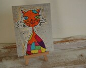 Patchwork Kitty....Ginger Cat....Original Cally's Creations Postcard Design....Whimsical Art