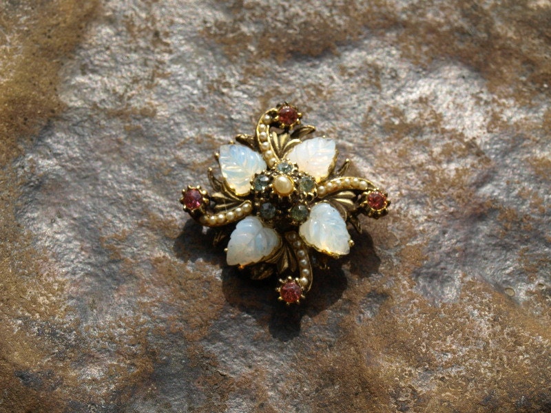 Vintage Opalescent Carved Glass Rhinestone Brooch