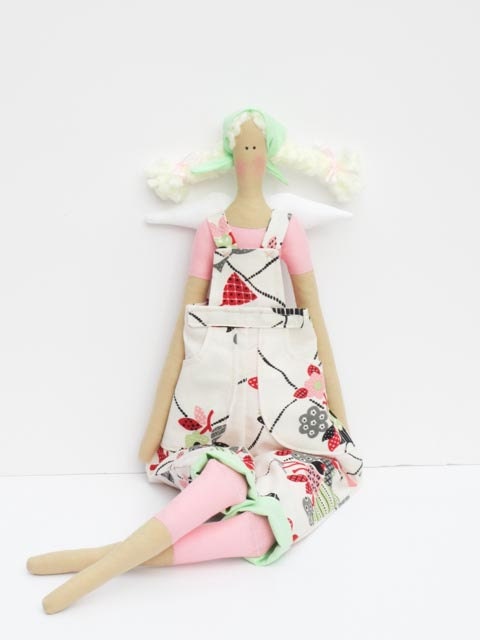 Lovely fabric doll Angel stuffed doll,sloth doll in white pink Mommy's little helper guardian angel ,blonde art doll- gift idea for girls