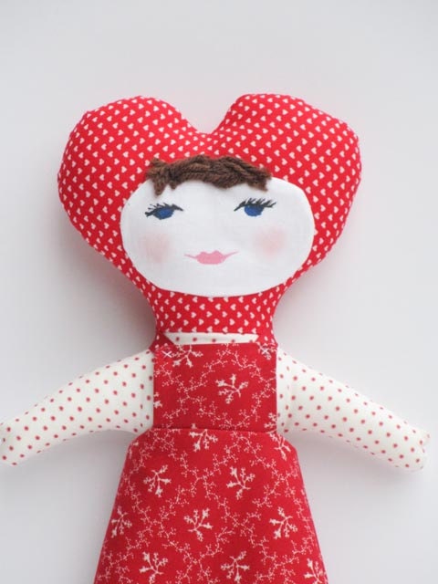 Rag doll softie plush,stuffed doll, textile doll for little girl - handmade child friendly fabric doll in red cloth doll- Valentine day gift