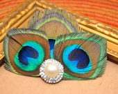 DARLA- Peacock Feather Bridal Hair Clip- Bridesmiad Hair Clip- With Pearl and Rhinestone Accent