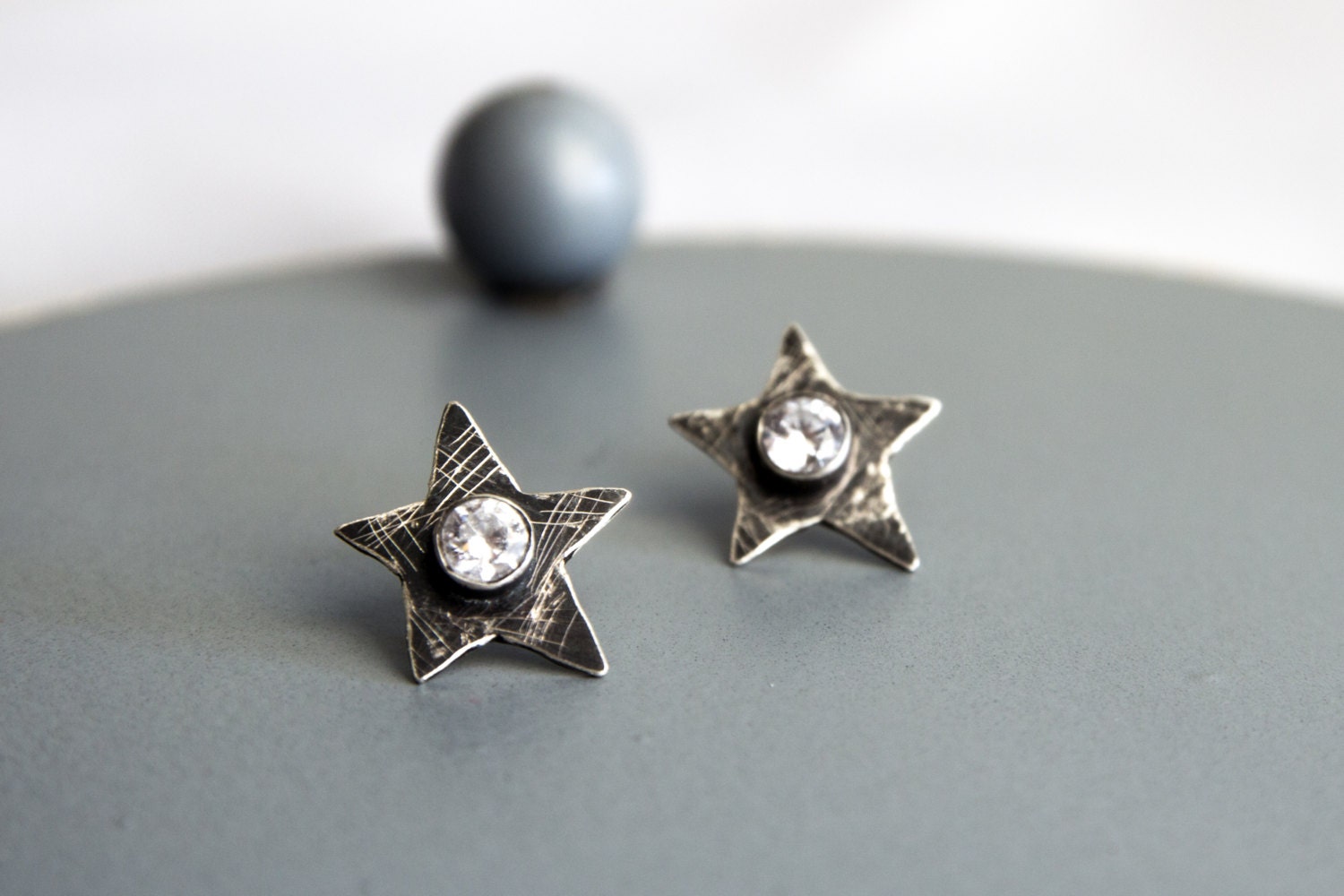 Sterling Silver Star Stud Earrings-Zircon Star Earrings-Textured Star Ear Posts-Rock Star Jewellery