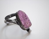 Druzy Pink Dolomite Sterling Silver Ring- OOAK Pink Rough Druzy Dolomite Ring- Oxidised- Dark Modern Pink Rough Stone Ring-American Size 7