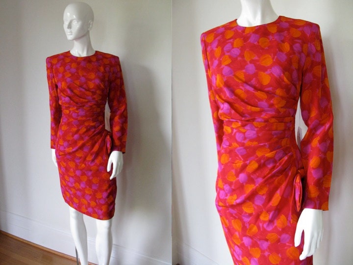 Vintage Scaasi 1980s Silk Abstract Floral Print Dress Featuring Side Ruching and Kitten Bow NWT Bust 38