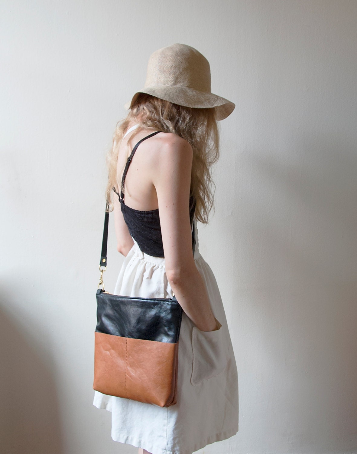 CAMEL BLACK Leather Shoulder Bag. Leather Cross Body Shoulder Bag. Color Block