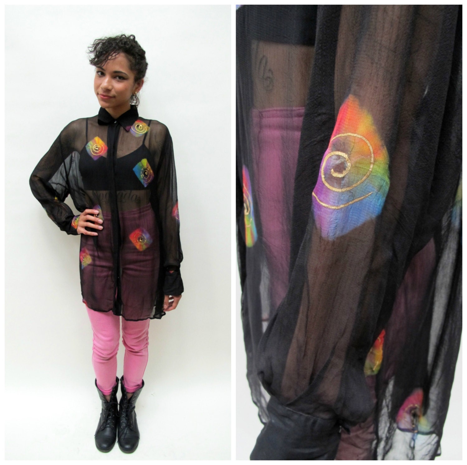 90s SHEER Black Rainbow PAINTED SPIRAL Oversized Blouse S M L