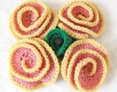 Crochet Nylon Dish Scrubbies - Set of 4 - Rose Pink with Yellow Trim - Rose Pot Scrubber