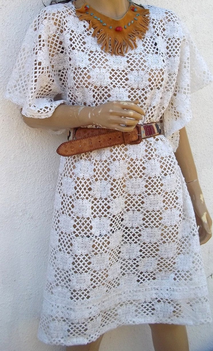 Vintage 70s cotton boho sheer floral crochet lace dress