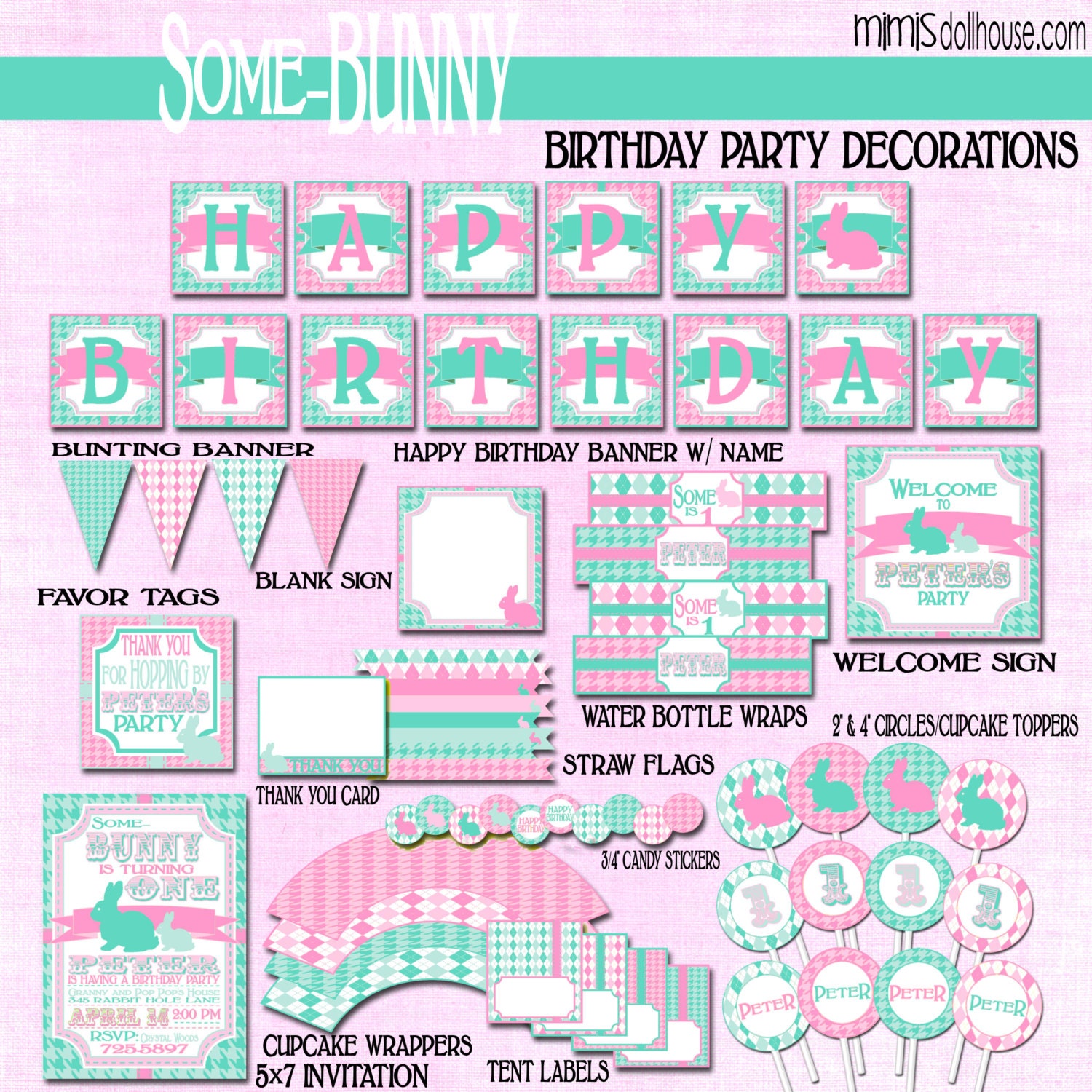 Bunny Party Decorations- Printable Bunny Birthday Party Decorations PDF
