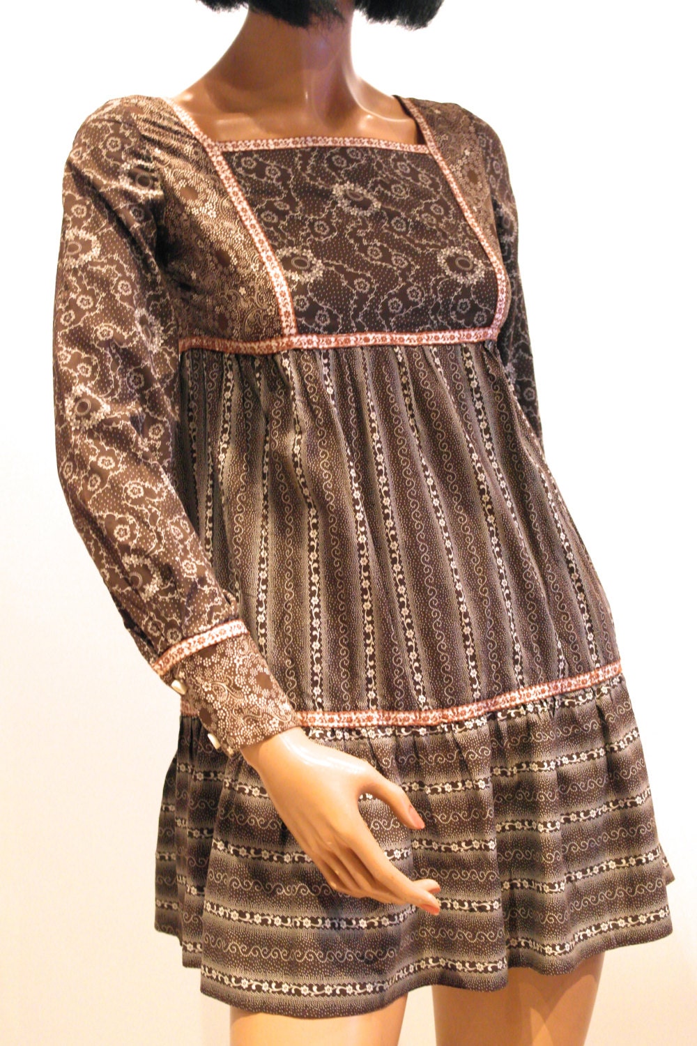 Sweet orig 1960s FOLK mini dress // deep ruffle hem // floral trim // Empire line fit