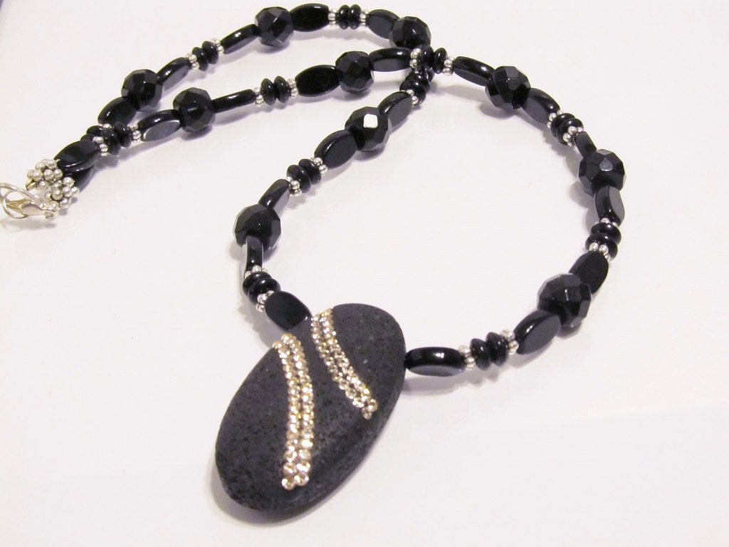 Lava Focal Piece with Crystals on Necklace of Black Glass and Obsidian
