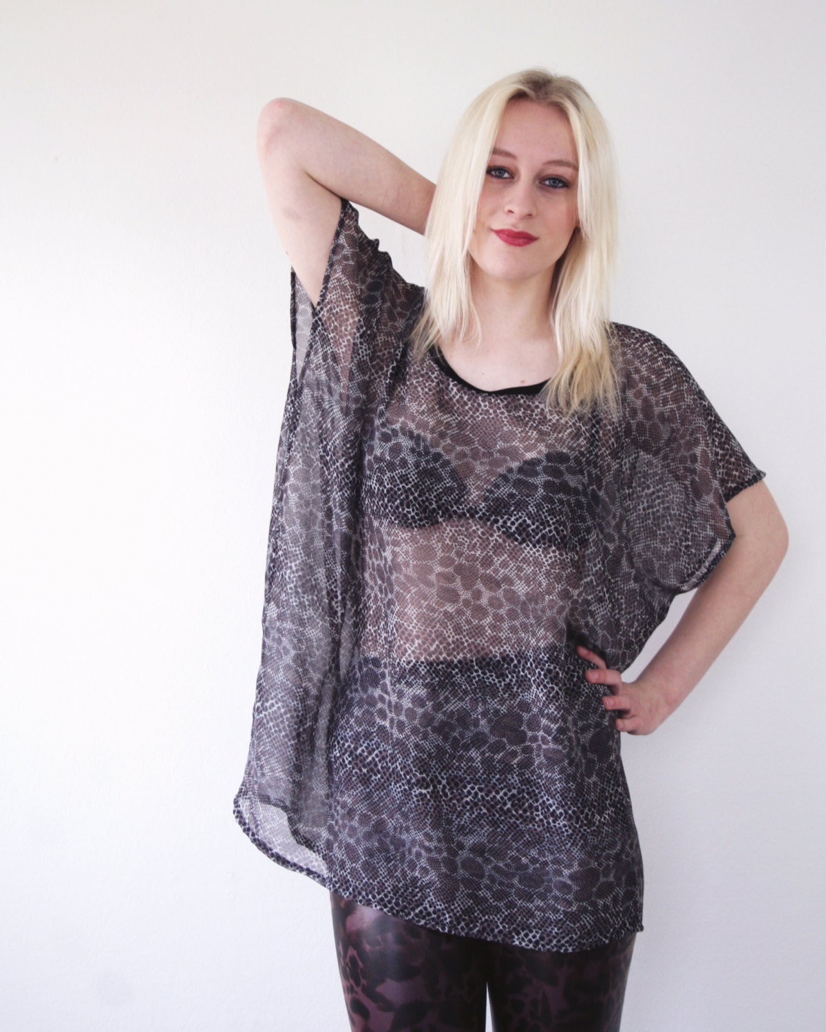 Reptile print chiffon top, oversized tshirt, women's blouse, black gray brown printed, animal print, one size