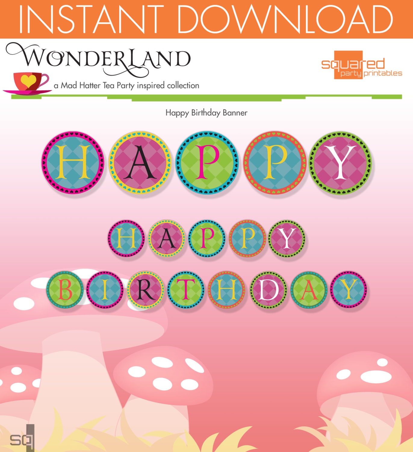 Mad Hatter Tea Party Inspired Printable Happy Birthday Banner - DIY Print - Alice in Wonderland Inspired - Instant Download