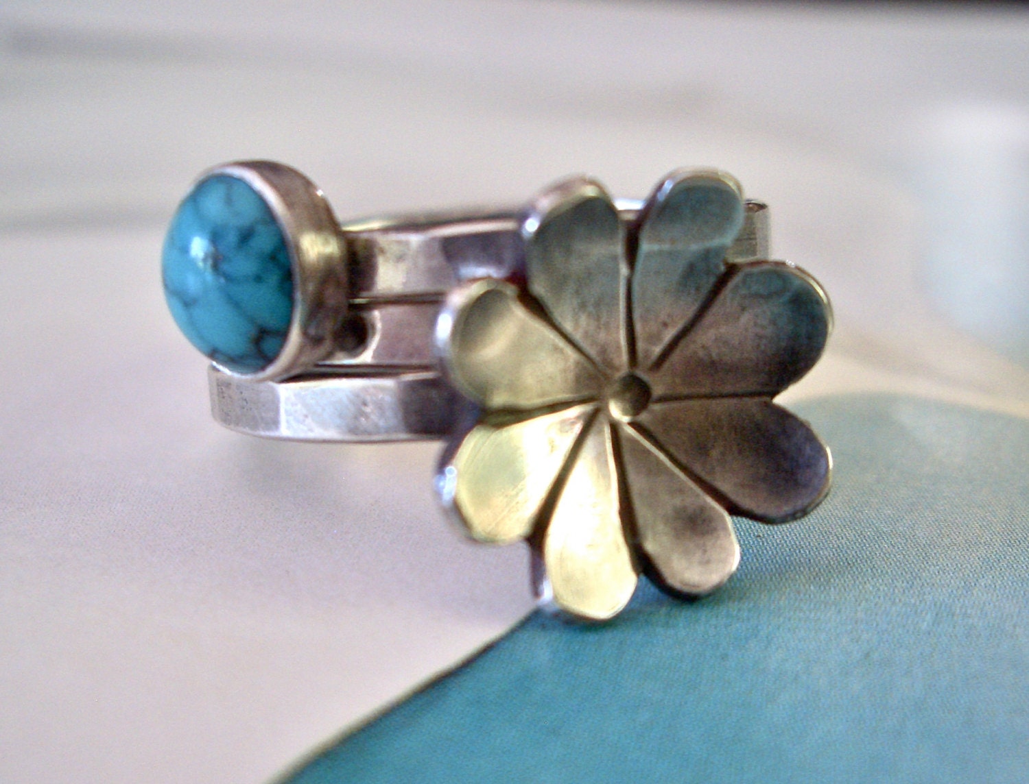 Fleurette and Turquoise Ring // Personalized Stacking Ring in Sterling Silver