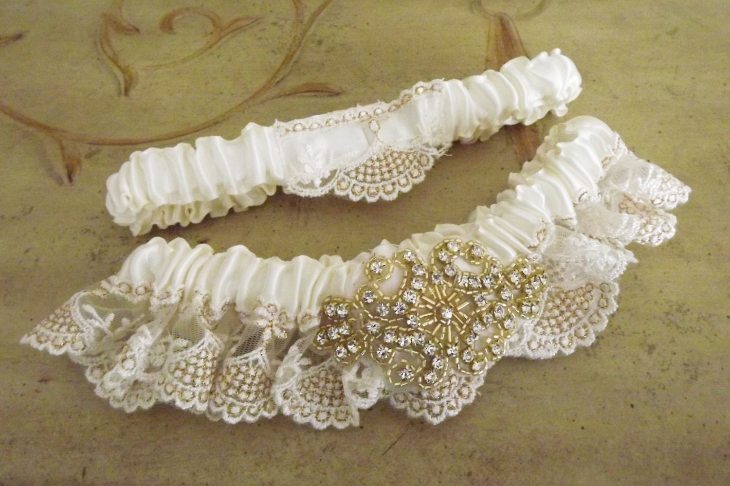 Regal Couture  Ivory and Gold Lace and Rhinestone Wedding Garter Bridal Garter Set