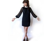Vintage 1960s Black Mini Dress with Lace Trim and Sheer Sleeves. Size Small / Medium