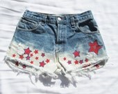 High waisted ombre' Levi cut offs hand painted stars jean shorts red white blue Vintage dip dyed