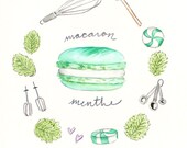Mint Macaron Recipe - Hand-painted Watercolor print 5 x 7 - Paris French Laduree Herme Bakery Menthe